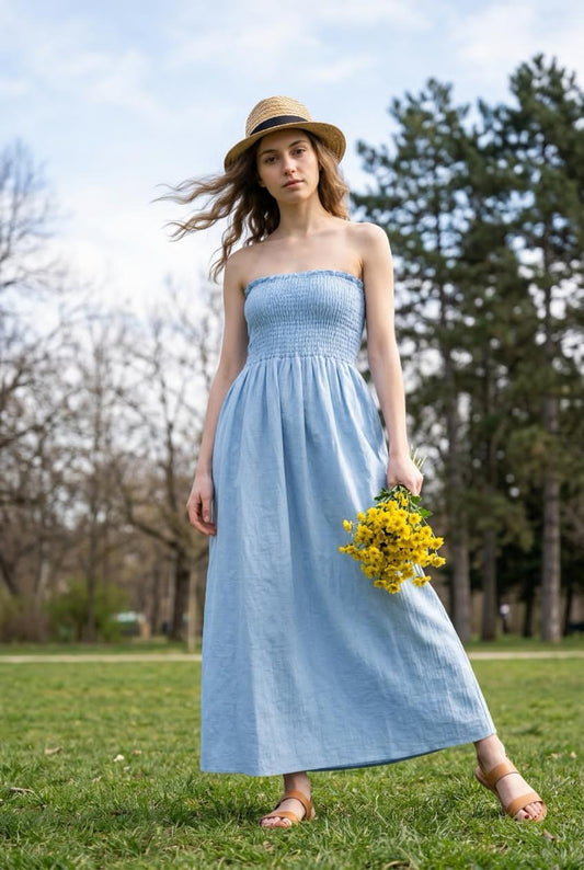 Robe Longue Smockée en Lin
