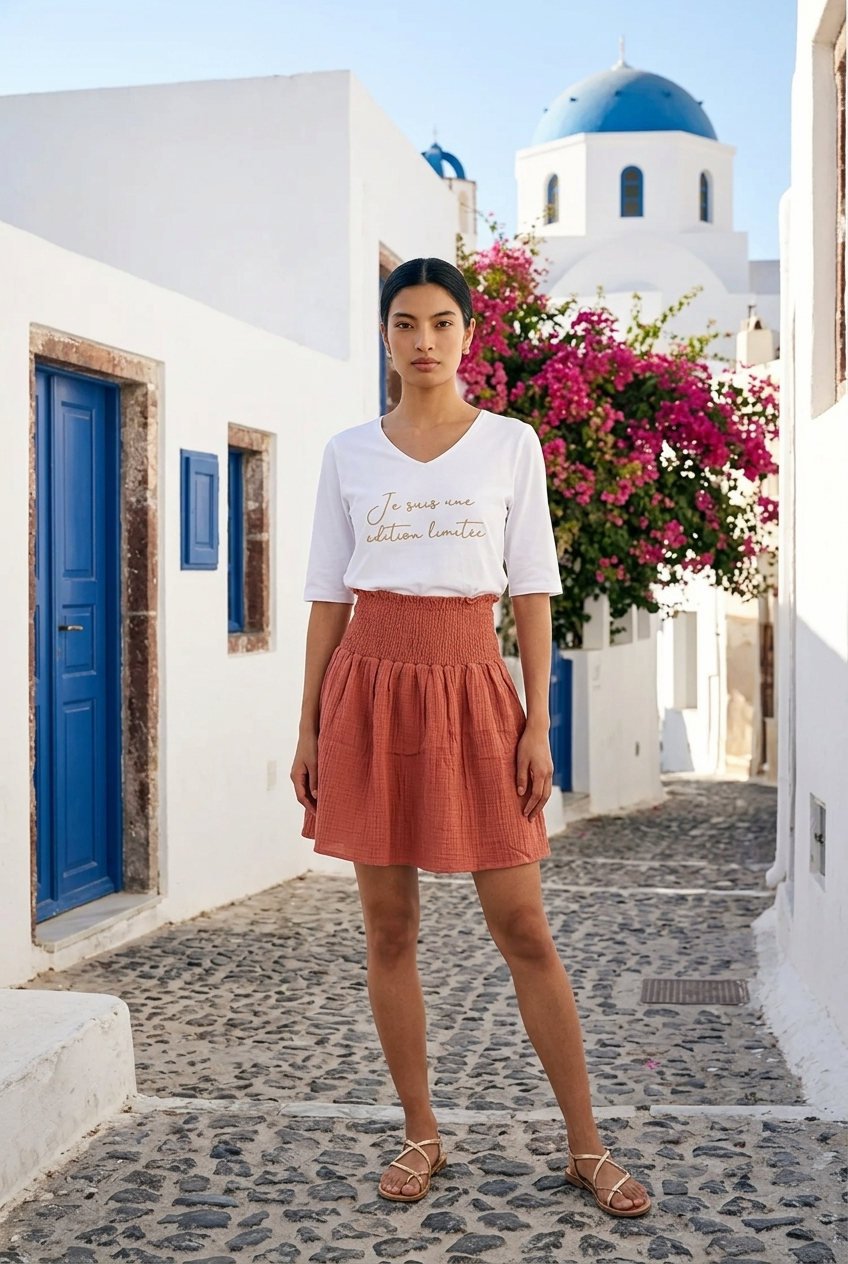 Élégance Terracotta – La jupe fluide à la taille smockée. courte